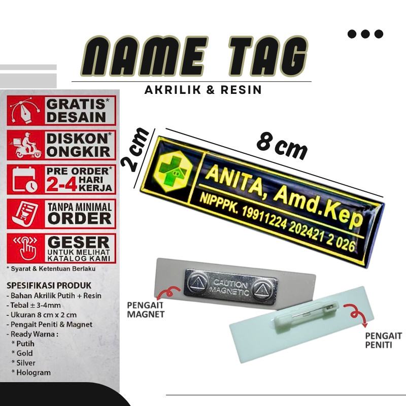 Name Tag Nama Dada Akrilik Magnet Peniti Gold Silver