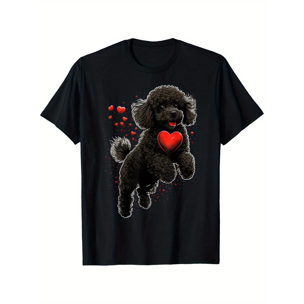 Kaos Hari Valentine Poodle Love Heart – 100% Katun Kasual Leher Bulat dengan Desain Poodle Hitam & H