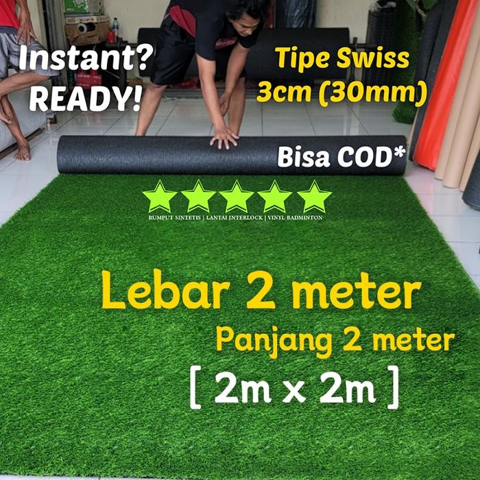 Rumput Sintetis Ukuran 2m X 2m Utuh (tanpa Putus) Tipe Swiss (full Hijau) Tebal 3cm (30mm) Rumput Si