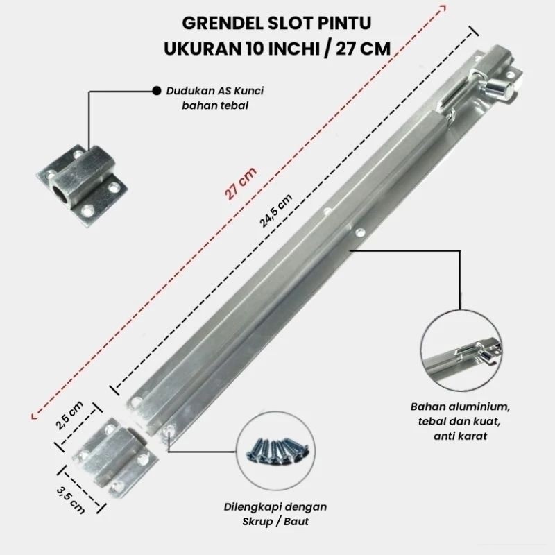Grendel slot pintu size 10 inch ( 27cm ) slot kunci pintu atas / bawah