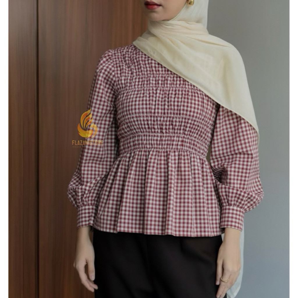 Bymels - Cheries Blouse Dada Kerut Motif Kotak - Atasan Wanita Cantik Casual
