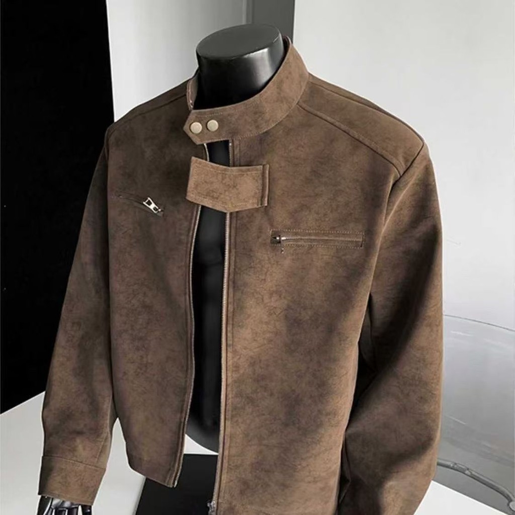 Jaket Kulit Kerah Merade, Jaket Penerbangan Amerika Pria, Jaket Jalan Raya, Jaket Longgar, Jaket Lon