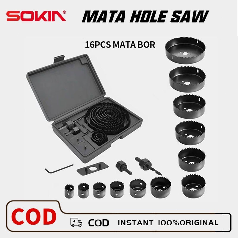 SOKIN 16Pcs Mata bor Hole saw Kit  Mata bor set pelubang kayu pvc dan hidroponik Perkakas Standar Je