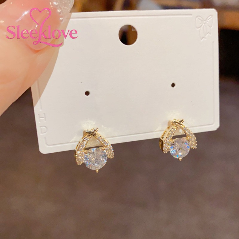 Sleeklove Anting Tindik Emas Zirkon Bulat Shiny Anting Telinga Kuku Mewah Jewelry Wanita Stylish