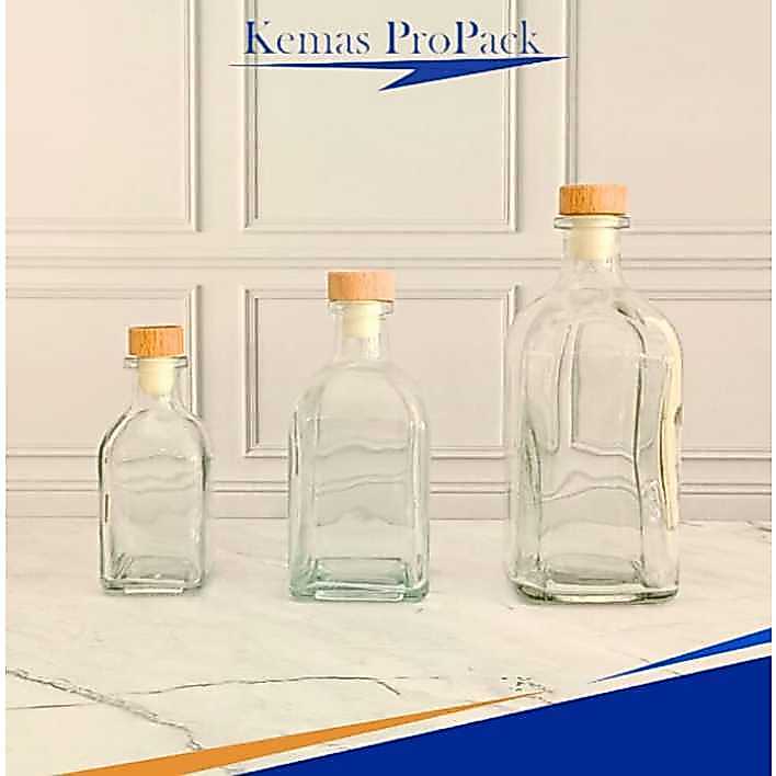 Botol kaca Liquor Square + Tutup sumbat kayu/Botol Bibit Parfum/Botol kaca Jus