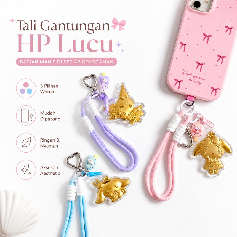 Gantungan Kunci Karakter Kartun Emas Lucu Strap HP Keychain Hiasan Tas Unik-Imitasi Emas