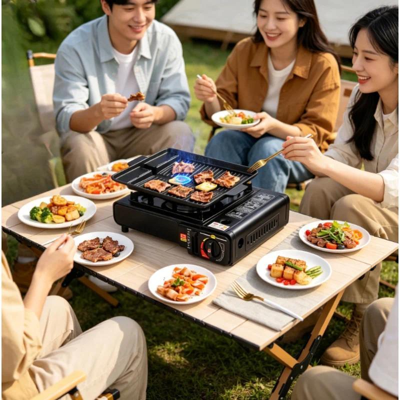 Outdoor Portable Card Type Gas Stove, Multifunctional BBQ Hot Pot Cooker for Home Party Camping Picn
