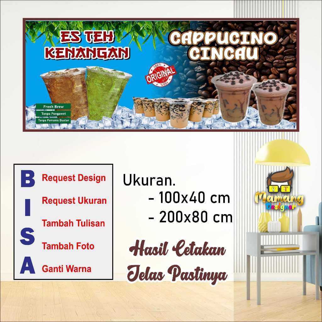 backdrop Cetak Spanduk Banner Jualan Es Teh Hijau dan Cappucino Cincau bb
