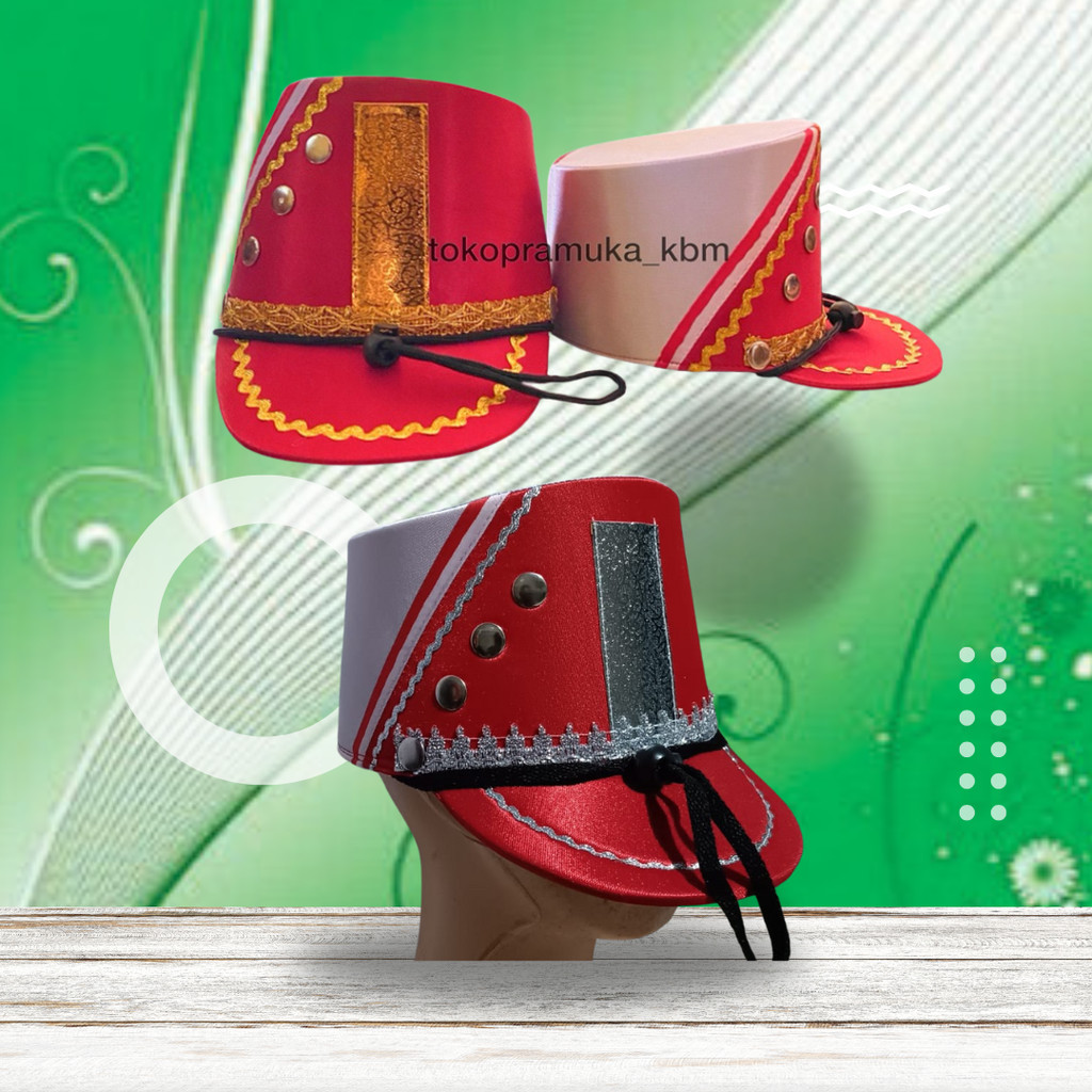 Topi Drumband Rendra - Merah Putih Hiasan Gold atau Silver (bisa request warna lain)