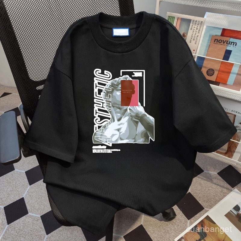 Kaos bermotif hitam putih untuk pria dan wanita Desain Seni Abstrak 100% katun  Kaos Putih Wanita  B