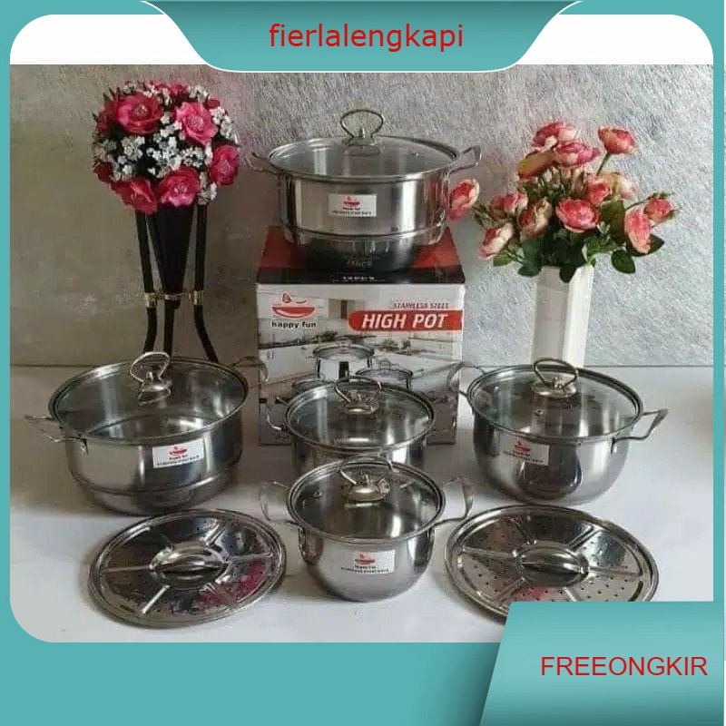 high pot happy fun tutup kaca + steamer panci set high pot  cookware set happy fun