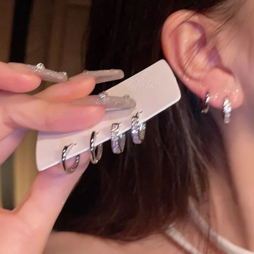 4 pcs Y2K Zircon Crystal Hoop Earrings Stainless Steel Silver Exquisite and Versatile Earrings Stain