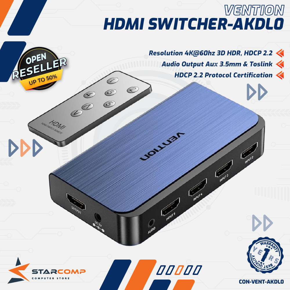 Vention AKDL0 5 In 1 Out HDMI Switcher With Audio HDMI Switcher 5In1