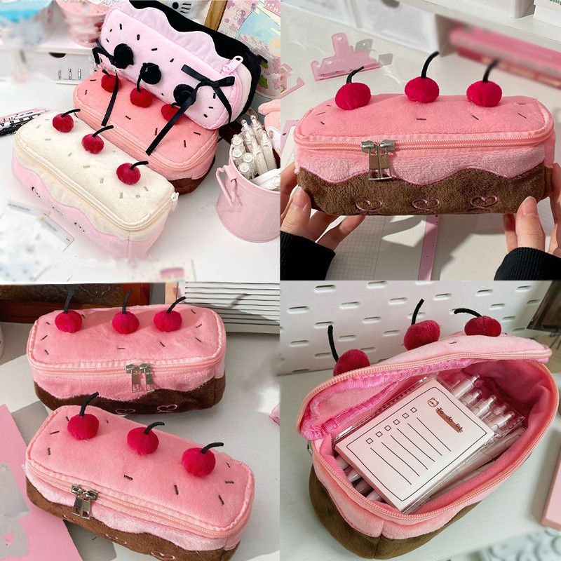 

Cute Pencil Bag Plush Cherry Cake Pencil Case Large Capacity Kawaii Multifunction Stationery Pouch for Girls Kids Back To School