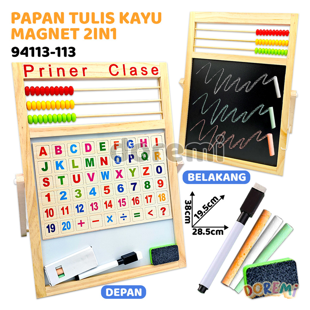

DOREMI Papan Tulis Kayu Magnet Anak 2IN1 White & Black Board Huruf Angka Spidol Kapur Gambar Edukasi