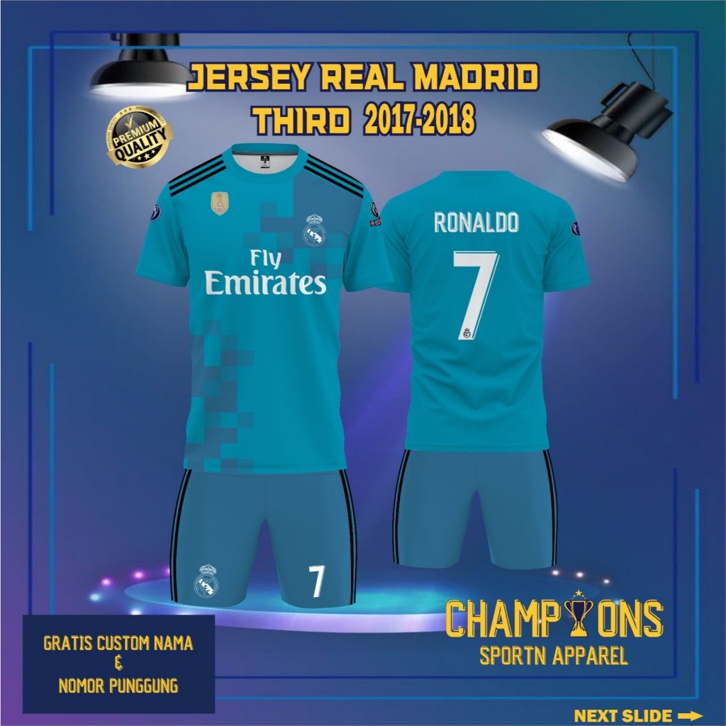 Jersey Sepak bola custom REAL MADRID THIRD 2017-2018 – Full Printing Dryfit Milano | Nama & Nomor