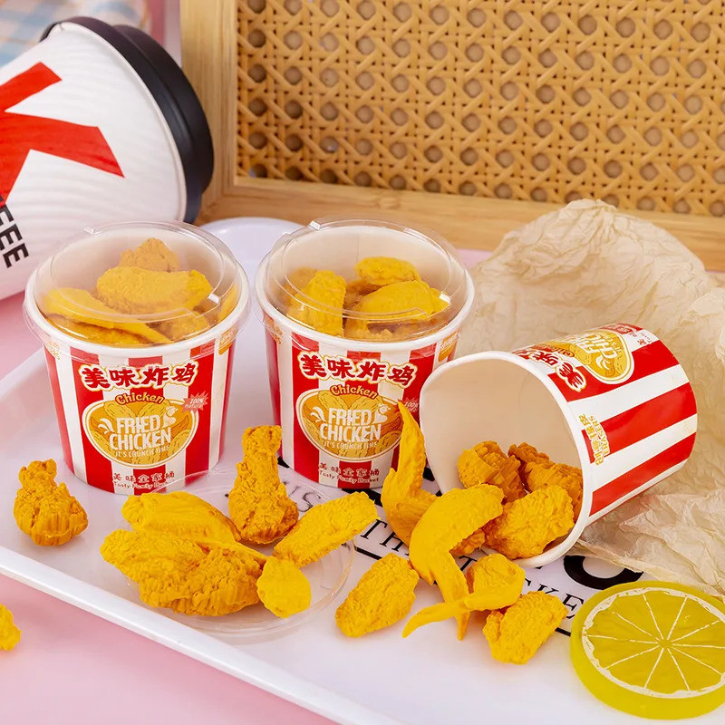 

1 Bucket of Nine Creative Simulated Fried Chicken Bucket Eraser Set Drum Stick and Chicken Wing Eraser, Gift for Child
