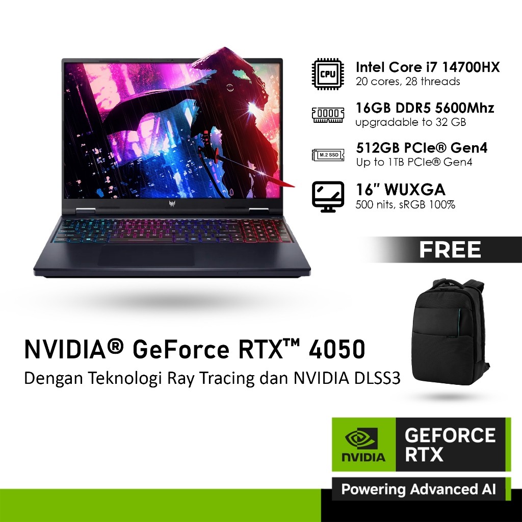 ACER PREDATOR HELIOS NEO 16 PHN16-72 GeForce RTX™ 4050 6GB - i7 14700HX 16GB 512GB WINDOWS 11