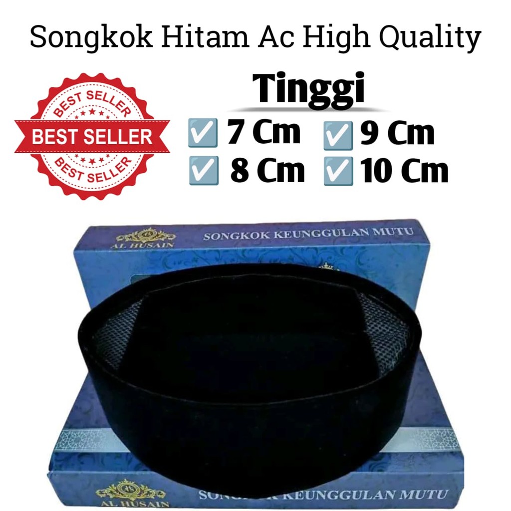 Songkok peci kopiah hitam kopiah hitam tinggi 6cm,7cm,8cm,9cm,10cm bahan tebal halus dan kokoh