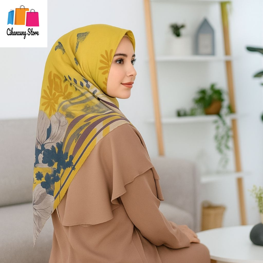 [Hijab] Jilbab Segi Empat Voal Motif Kekinian Warna Kuning Lemon