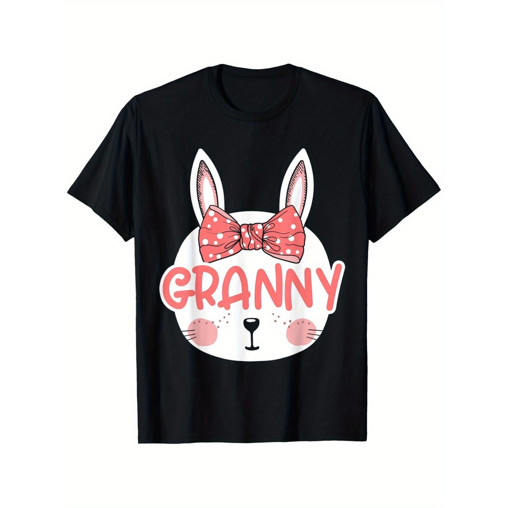 Kaos Pria Paskah Kelinci Nenek Keluarga Cocok - Atasan Lengan Pendek Kasual Hitam 100% Katun 180gsm,