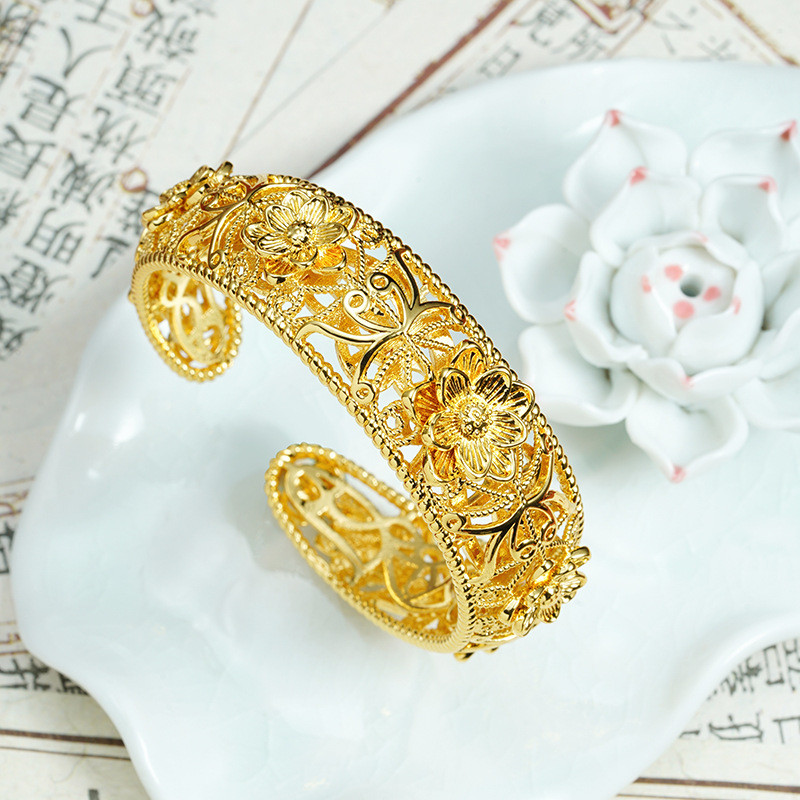 Gelang emas pasir Vietnam bunga berlubang gelang terbuka wanita