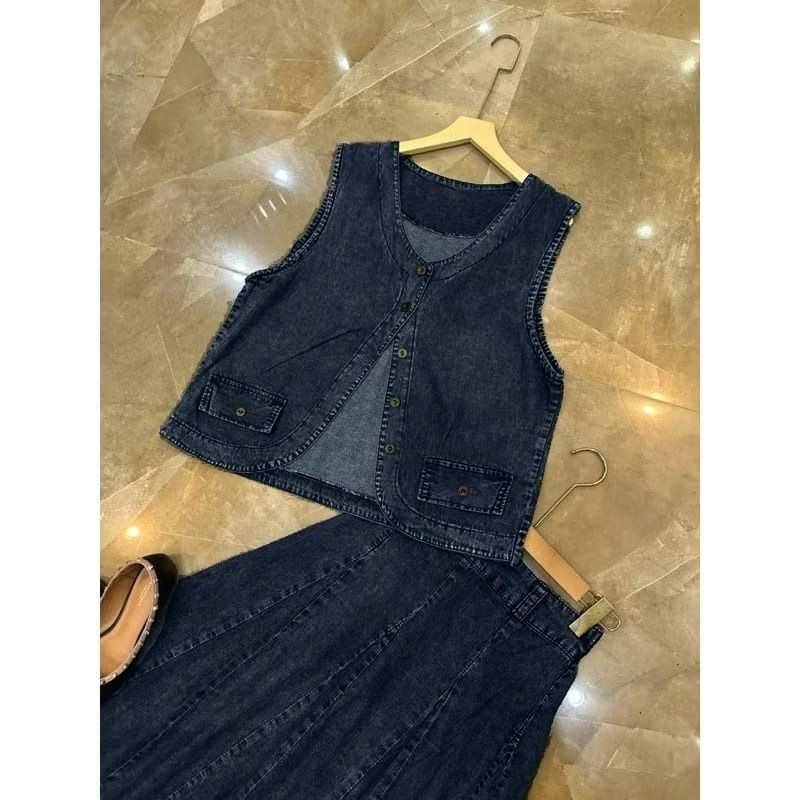 MACIAS_ Setelan Rok Jeans Wanita. Oneset Rok Jeans. Fashion MUSLIM, baju wanita, baju stelan wanita,