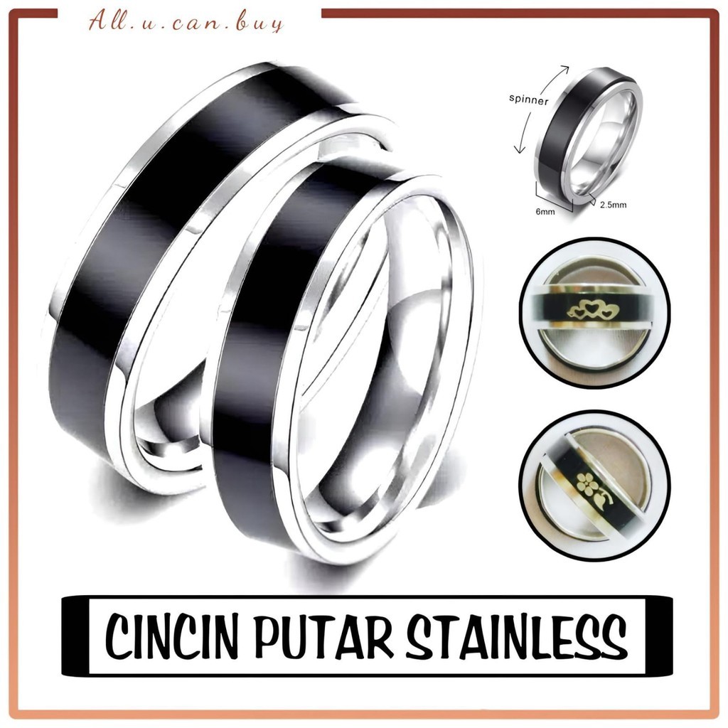 Cincin Putar Stainless Hitam List Putih Rotating Ring / Cincin Pria Wanita