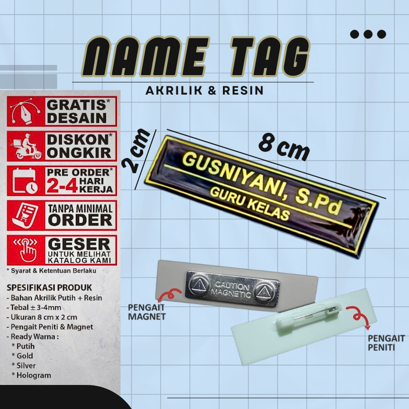 Name Tag Nama Dada Nama Dokter Akrilik Magnet Peniti Gold Silver