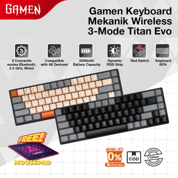 GAMEN 3modes Keyboard Mechanical Wireless Gaming Titan Evo RGB 3 Mode Connection Bluetooth 5.2 Red S