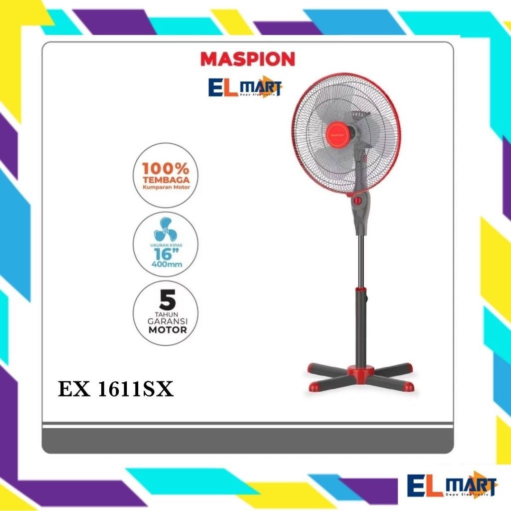 Maspion EX1611 SX Kipas Angin Berdiri 16inch Kaki Silang EX 1611 SX Kumparan Motor Tembaga