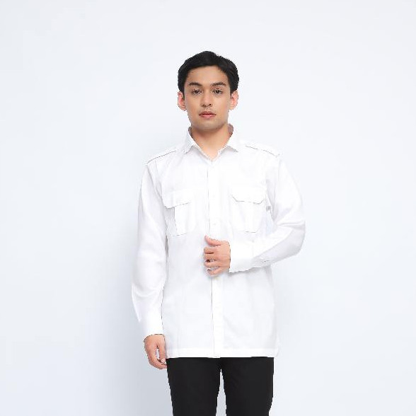 Van Jose Kemeja Putih Pangkat Pria Lengan Panjang Kantong 2 Seragam PNS Baju Hem Cowok Kerja Body Fi