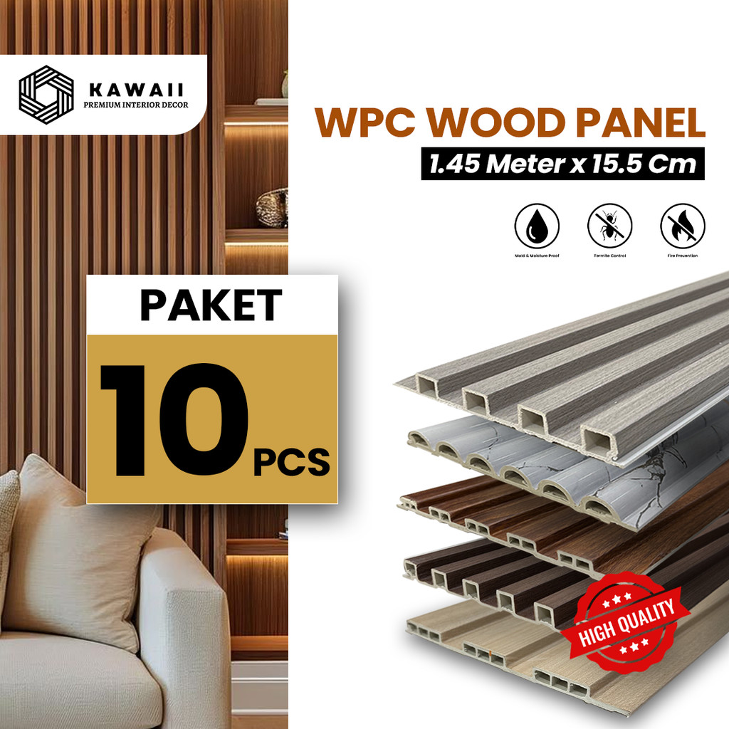Wall Panel WPC Wood (PAKET 10pc) Premium 1.45 meter x 15.5cm dekorasi dinding | Panel Kayu 3D READY 