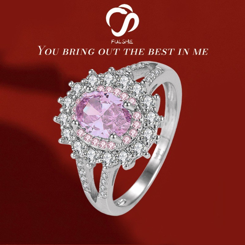 FULSHE Cincin Bunga Matahari Zircon Pink Wanita Perhiasan Batu Permata Berwarna Mewah Penuh Berlian
