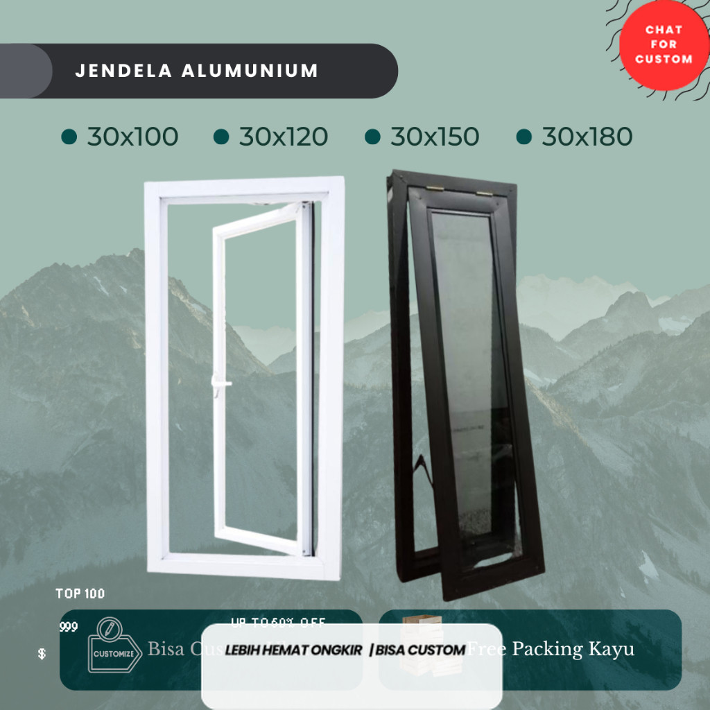 Jendela Alumunium Jungkit Swing Jendela Dapur , Kamar , Teras 30x100, 30x150 , 30x180 , 30x200