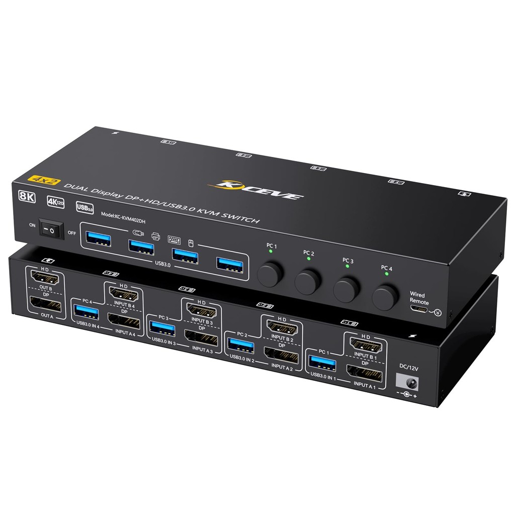 KCEVE USB 3.0 HDMI DP KVM Switcher 2 Monitors 4 Computers, 8K@30Hz/4k@144Hz KVM Switch DP KVM for 4 