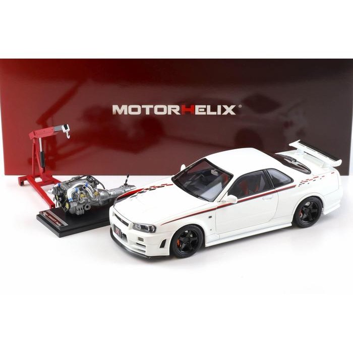 MotorHelix 1/18 Skala Diecast Mobil NISSA SKYLINE GT-R R34 NISMO Putih Dengan Ban Karet Asli & Inter