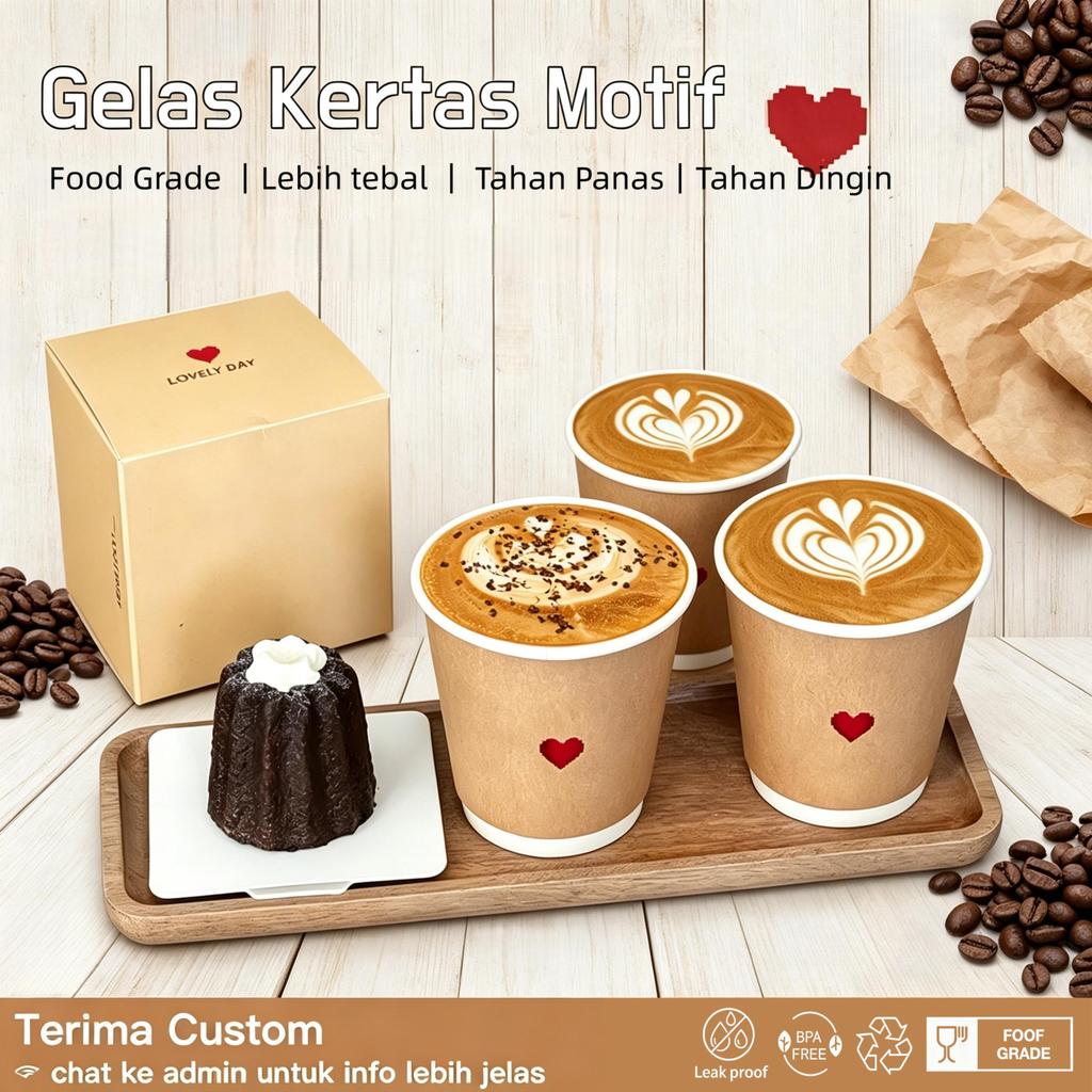 Paper Cup Double Wall Kraft 8oz 12oz  MOTIF COFFE & TEH FOOD GRADE - GELAS KERTAS MINUMAN TAHAN PANA