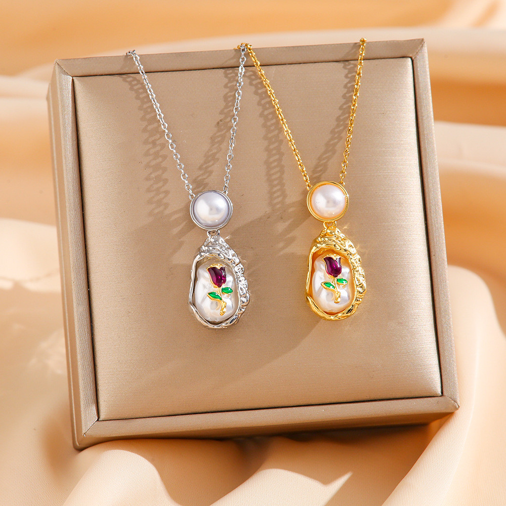 Kalung Monet Taman Barok Tidak Beraturan Kalung Tulip Mutiara Besar Alami Kalung Baja Titanium Premi