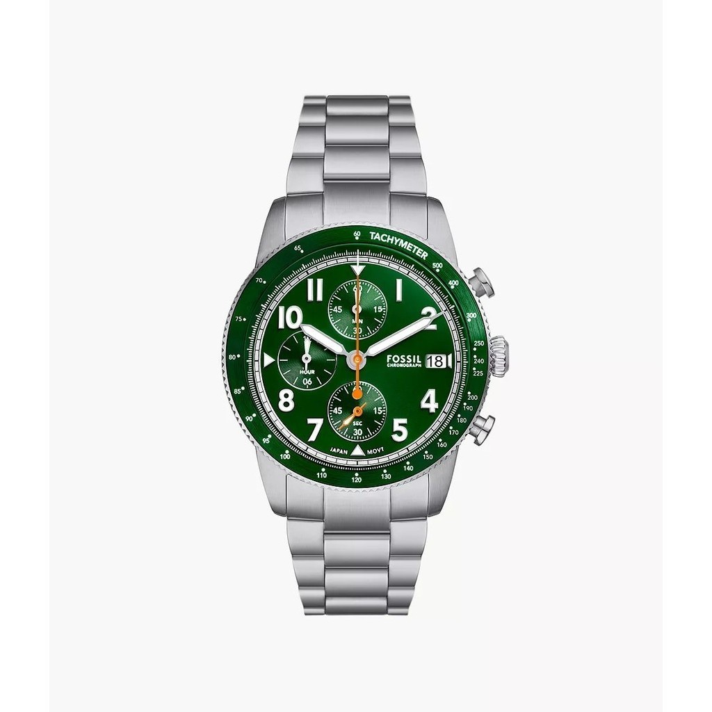 Fossil FS6048 Sport Tourer Chronograph Stainless Steel Watch 42mm Green Dial Silver Strap