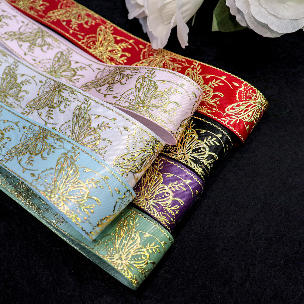 

50Yards 25mm Hologram Gold Butterfly Willow Satin Ribbon Welcome Custom Printed