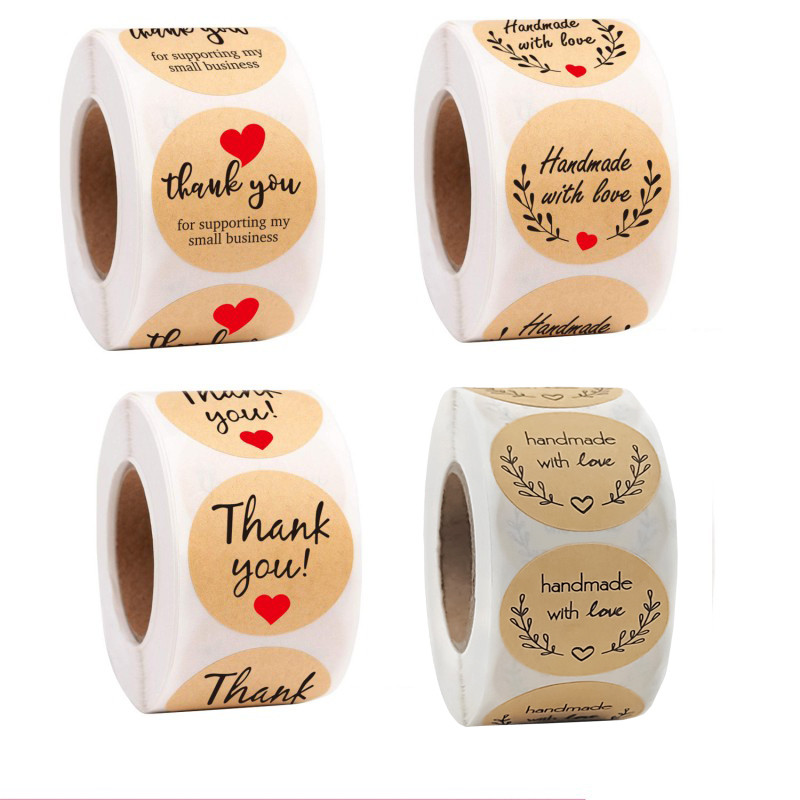 

50-500pcs Round Natural Kraft Handmade Heart Thank You Stickers Scrapbooking For Gift Baking Package Adhesive Sticker Seal Label