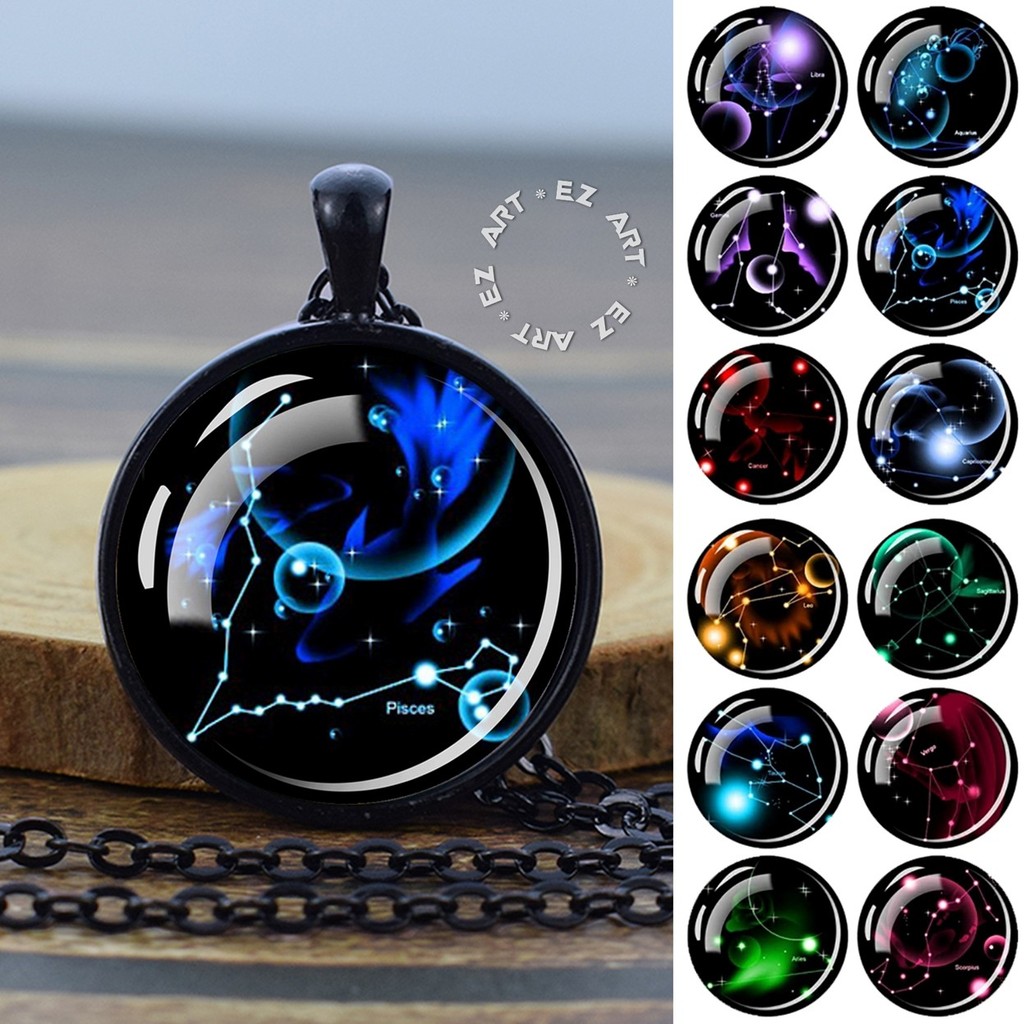 Kalung Fashion Liontin Bulat Gambar Zodiak Galaxy Kaca Cembung Rantai Hitam Pria Wanita Konstelasi H