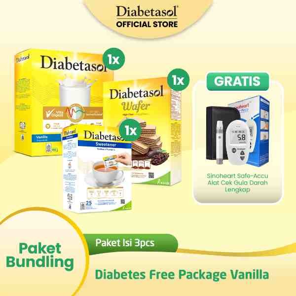 

Diabetasol Jumbo Vanilla 950g + Diabetasol Sweetener No Calories 25x1.5g + Diabetasol Wafer Chocolate 2x50g Free Sinoheart Safe-Accu Alat Cek Gula Darah Lengkap