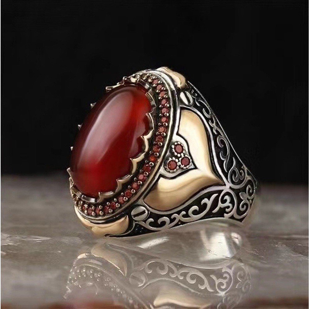 Hitam Merah Permata Vintage Pria Titanium Baja Punk Fashion Emas Perak Perhiasan Cincin Kepribadian