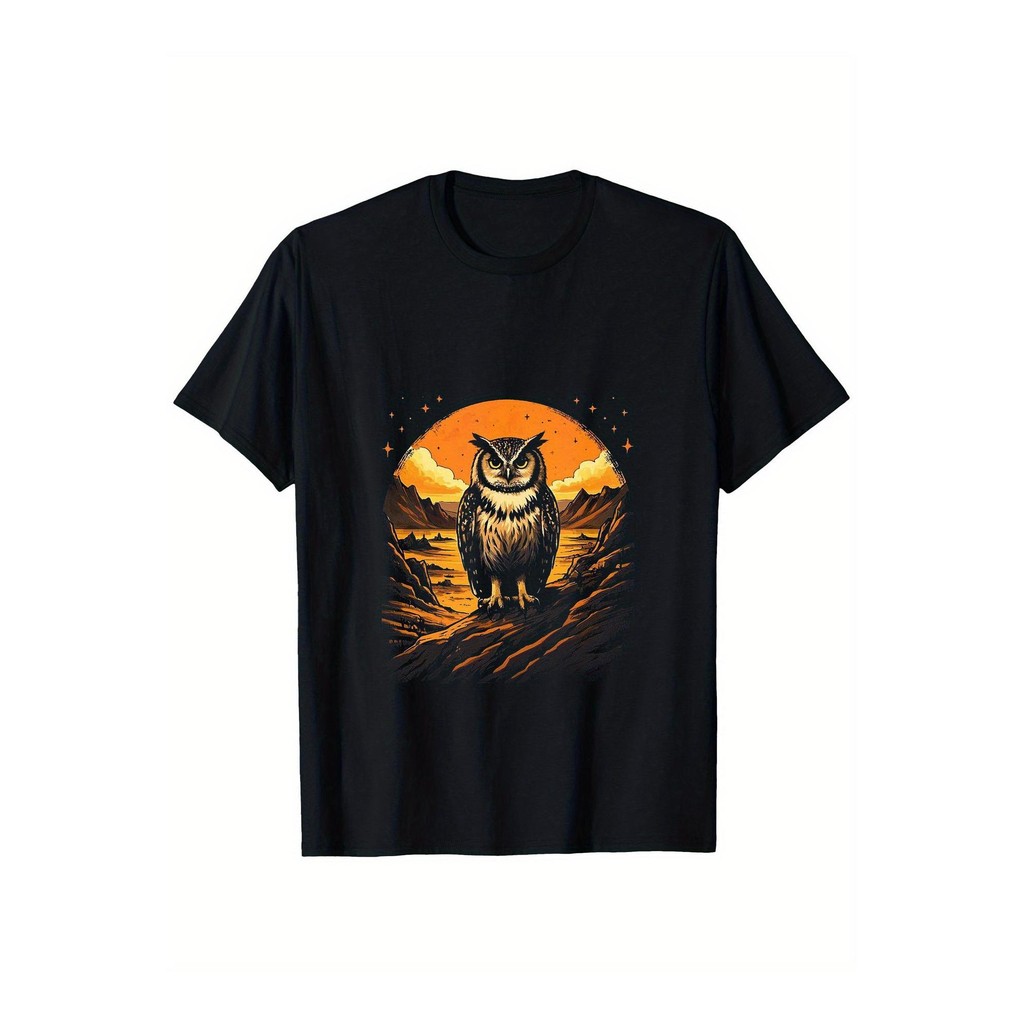 Kaos Katun Pria Motif Burung Hantu Gurun - Lengan Pendek, Desain Matahari Terbenam