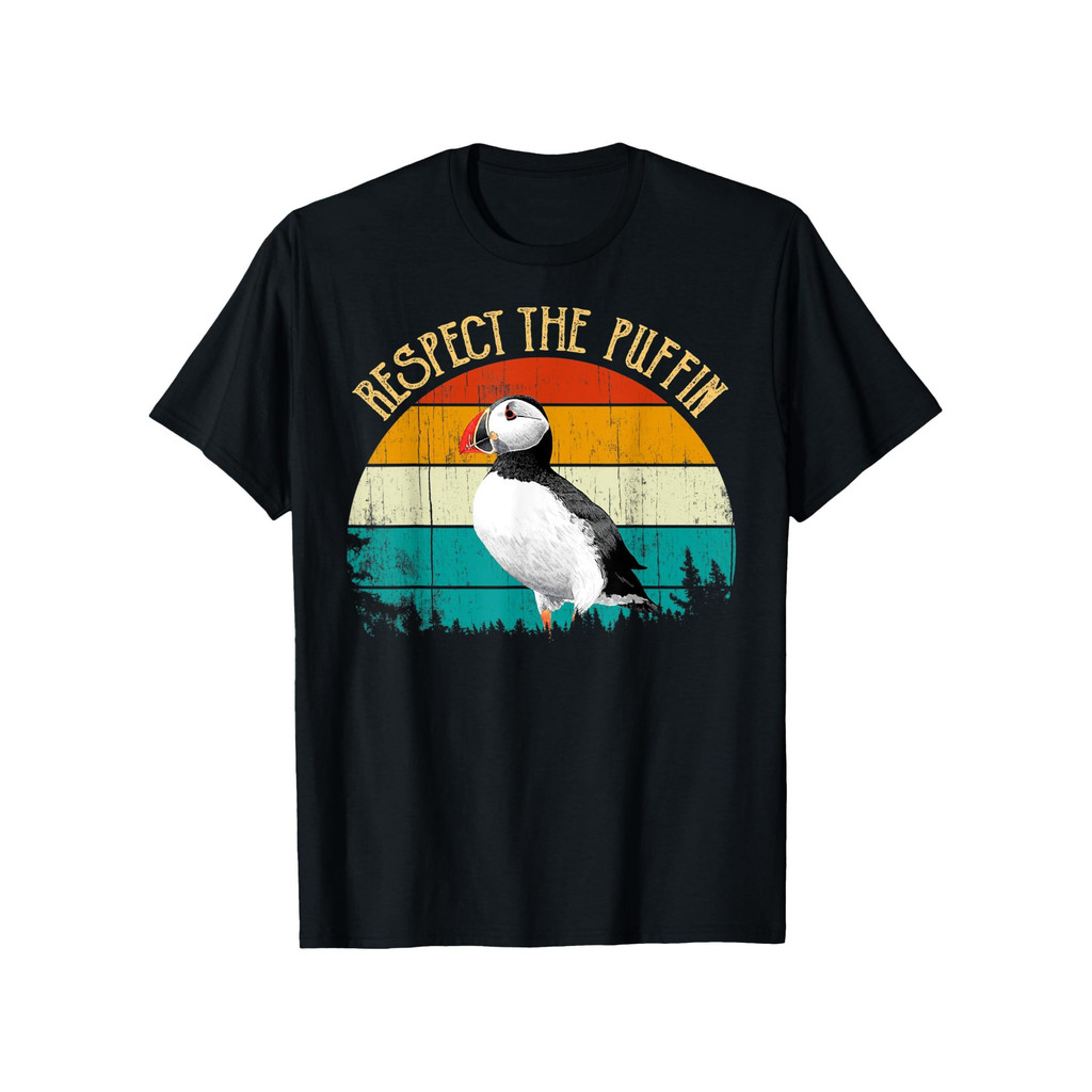 Kaos Pria Katun 100% "Hormati Puffin" Burung Laut Desain Retro Matahari Terbenam Kasual