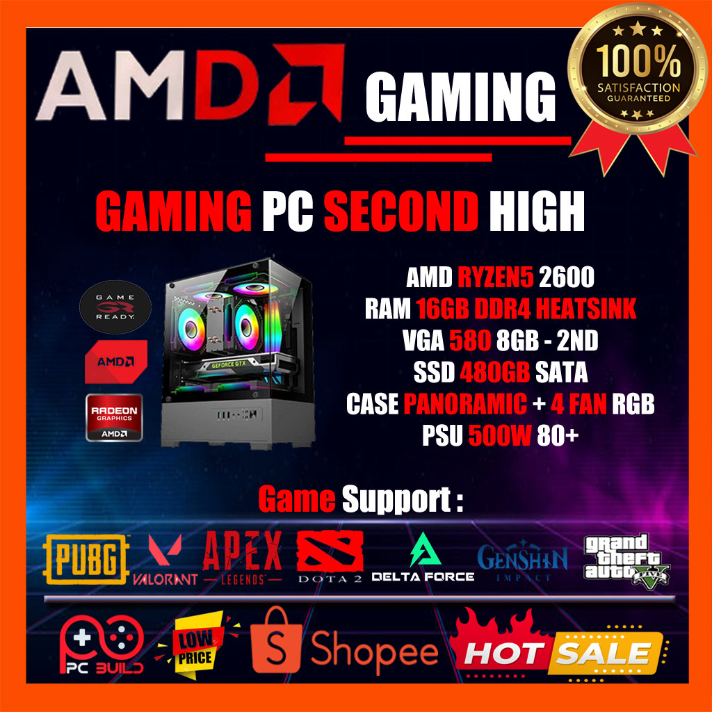 PC Gaming Amd Ryzen5 2600 Ram 16GB (2x8) DDR4 SSD 480GB Vga RX580 8GB Wifi - Second