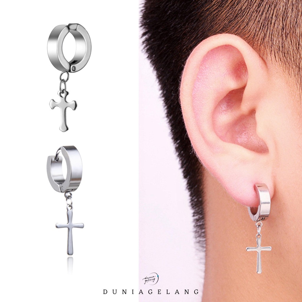 Anting Salib Jepit / Tindik Salib Titanium Silver Anting Pria Korea Style