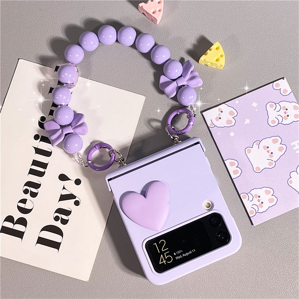 Cute Korea Kawaii 3D Cinta Hati Ungu Kasus dengan Bow Manik Rantai untuk Galaxy Z Flip4 5G Flip4 Z F